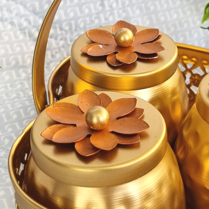 Luxury Metal Canister Set with Decorative Basket | 3-Piece Multipurpose Storage Container