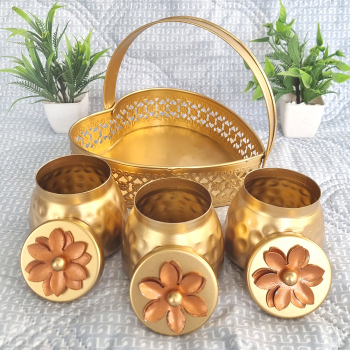 Luxury Metal Canister Set with Decorative Basket | 3-Piece Multipurpose Storage Container