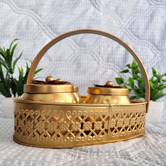 Luxury Metal Canister Set with Decorative Basket | 3-Piece Multipurpose Storage Container