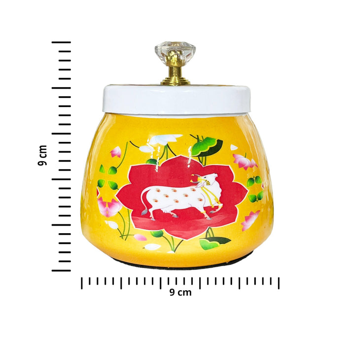 decorative dry fruit jar, cow printed dry fruit box, Yellow hand painted dry fruit jar, antique indian dry fruit jar for wedding gifts,