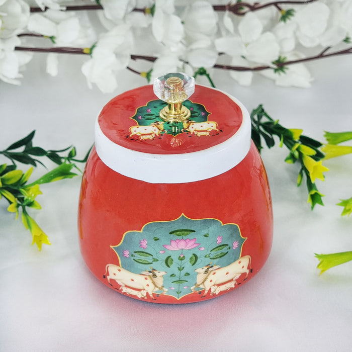 Red Color Cow & Calf Design Pichwai Art Metal Dry Fruits Jar