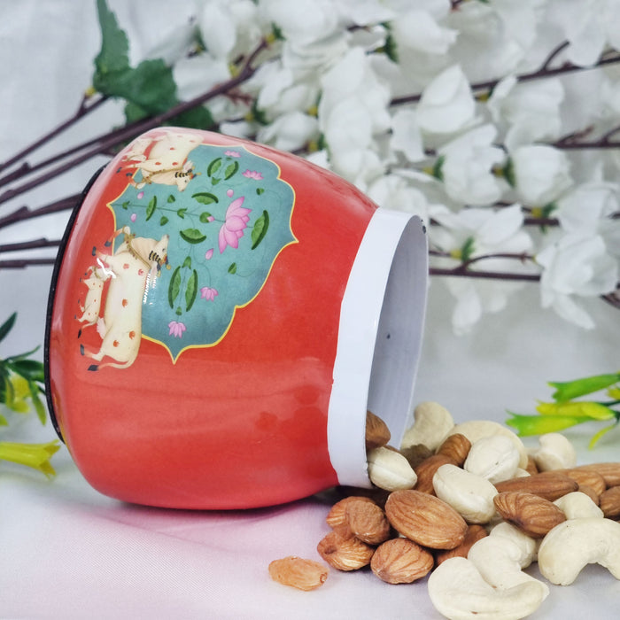 Red Color Cow & Calf Design Pichwai Art Metal Dry Fruits Jar