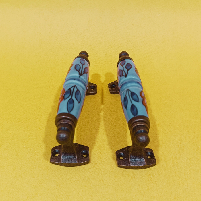 Handcrafted Floral Ceramic Door Handle Set with Antique Metal Finish | Decorative Cabinet & Drawer Pull Handles