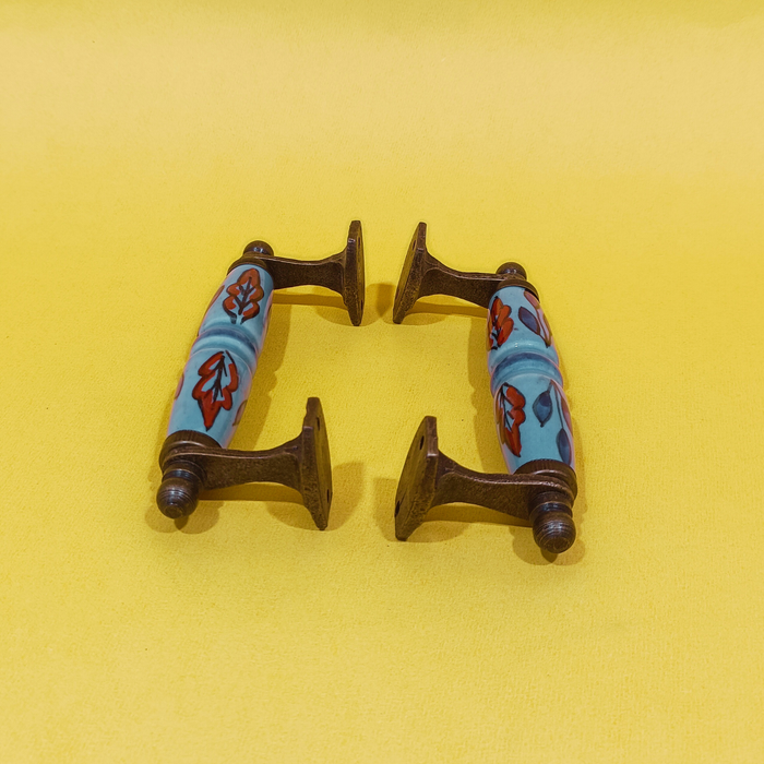 Handcrafted Floral Ceramic Door Handle Set with Antique Metal Finish | Decorative Cabinet & Drawer Pull Handles