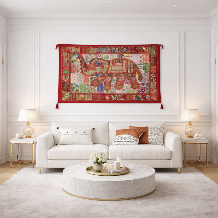 Boho Elephant Wall Hanging – Handmade Indian Textile Art