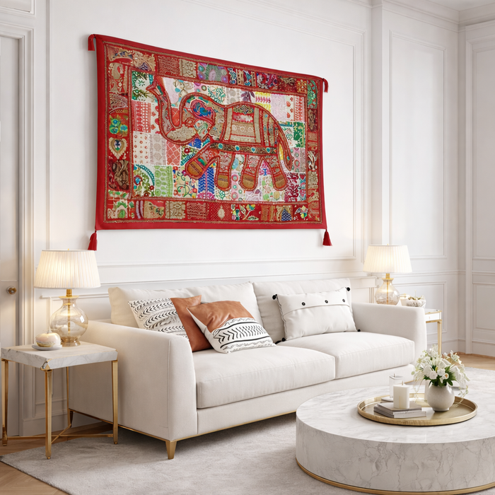 Boho Elephant Wall Hanging – Handmade Indian Textile Art