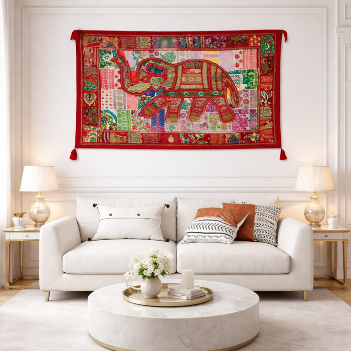 Boho Elephant Wall Hanging – Handmade Indian Textile Art