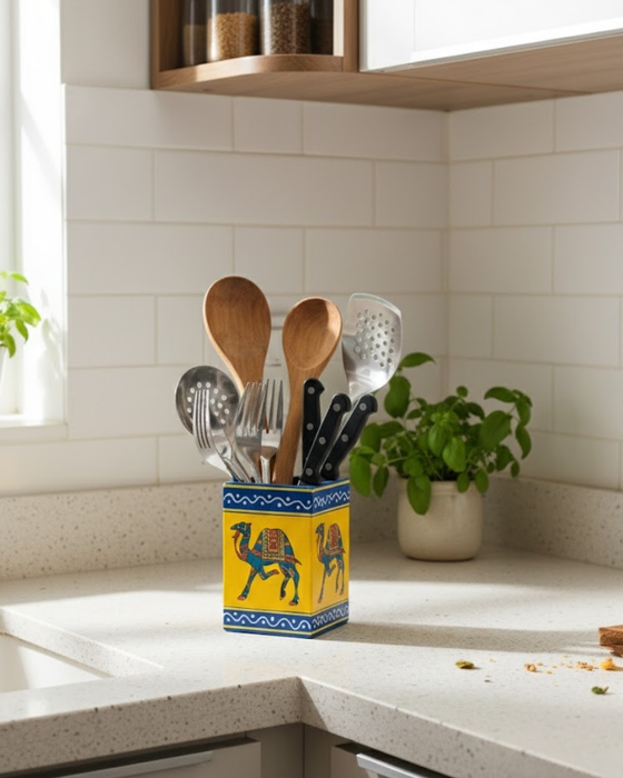 Hand-Painted Wooden Camel Holder | Yellow Stand | Diwam Handicrafts