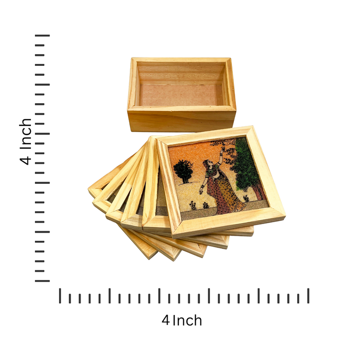 Elegant Wooden Tea Coaster Set with Traditional Artwork