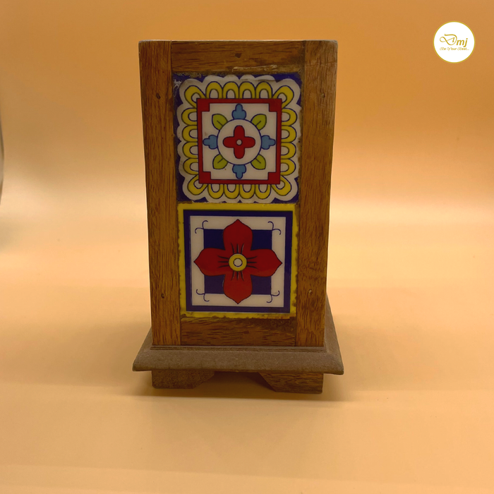 Handcrafted Wooden Pen Stand with Multicolor Ceramic Tiles Accents