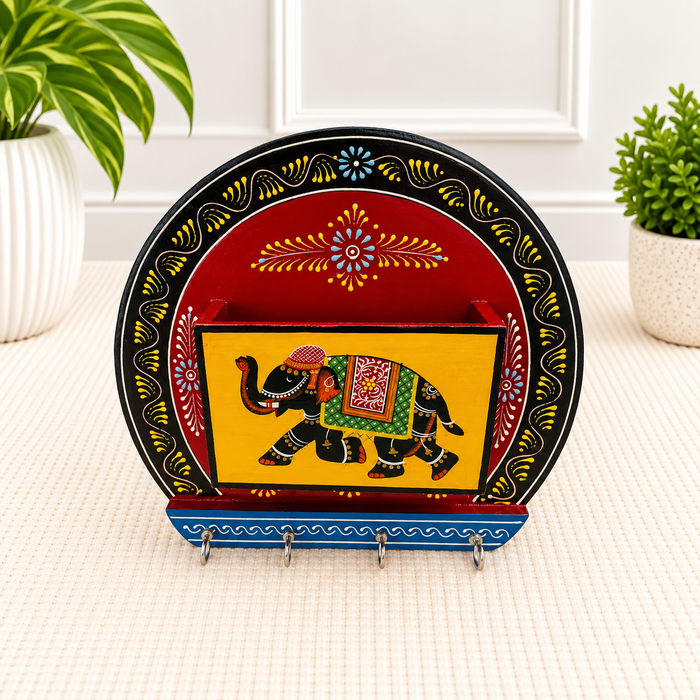 Handcrafted Wooden Elephant Key Holder, Hand Painted Indian Wall Decor