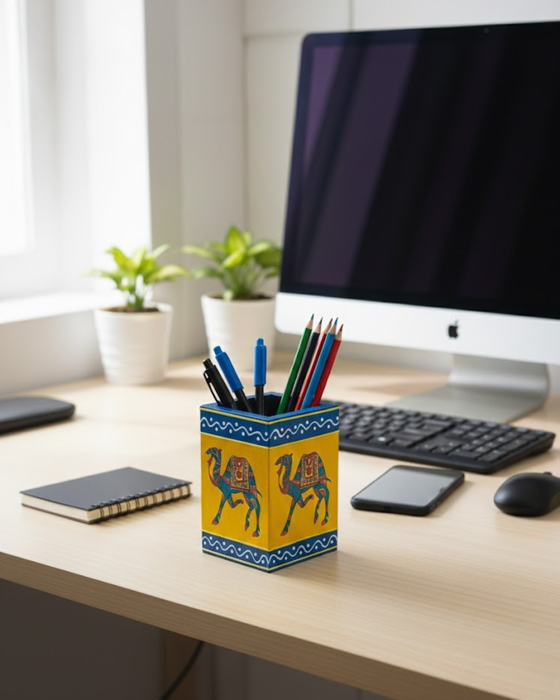 Hand-Painted Wooden Camel Holder | Yellow Stand | Diwam Handicrafts