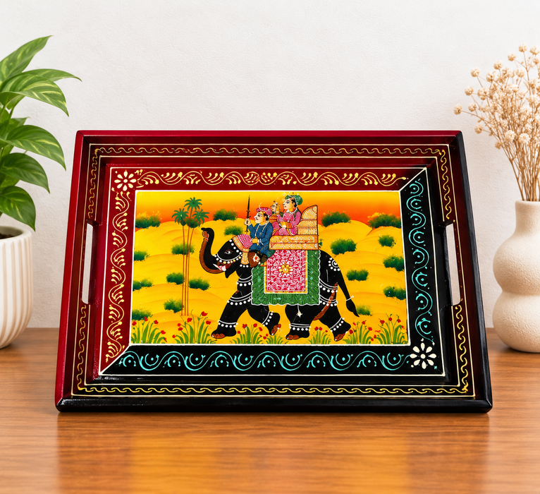 Hand-Painted Elephant Wooden Tray Set of 3, Traditional Indian Decorative Serving Trays