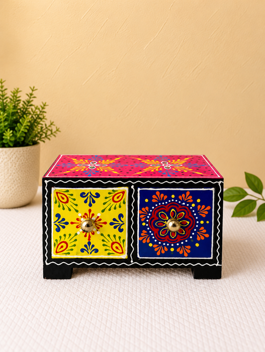Handcrafted Wooden 2-Drawer Storage Box, Hand Painted Floral Indian Traditional Decor