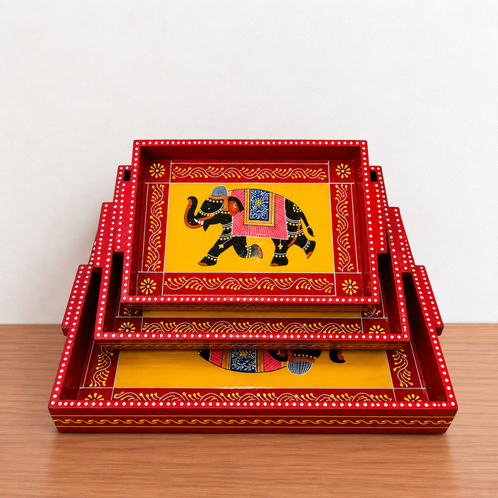 Hand-Painted Elephant Wooden Tray Set of 3, Traditional Indian Decorative Serving Trays