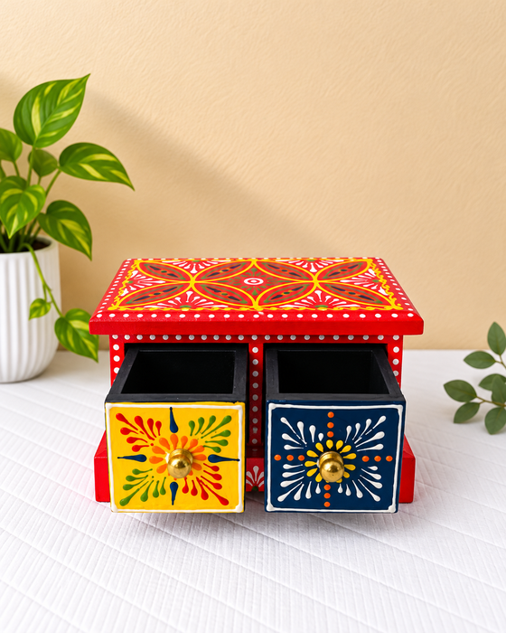 Handcrafted Wooden 2-Drawer Storage Box, Hand Painted Indian Traditional Floral Decor