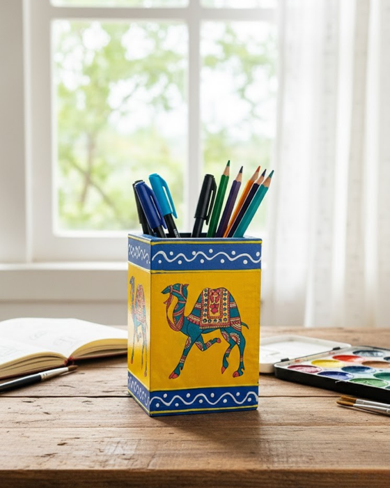 Hand-Painted Wooden Camel Holder | Yellow Stand | Diwam Handicrafts
