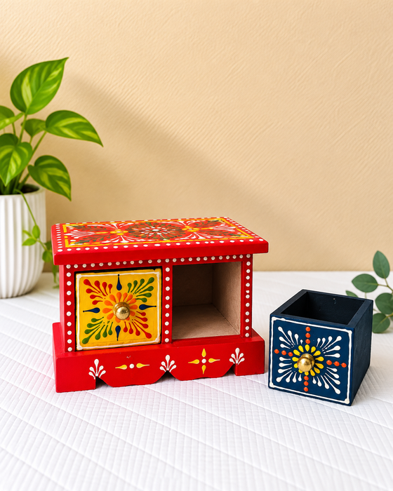 Handcrafted Wooden 2-Drawer Storage Box, Hand Painted Indian Traditional Floral Decor