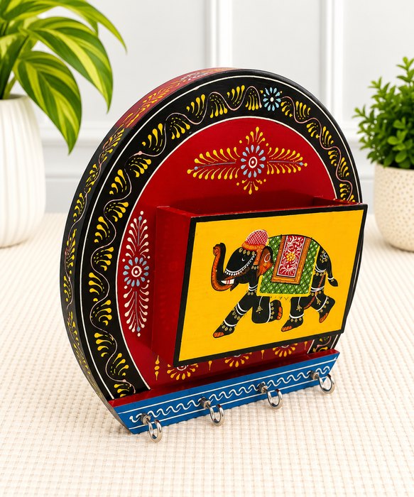 Handcrafted Wooden Elephant Key Holder, Hand Painted Indian Wall Decor