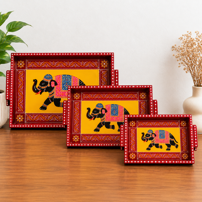 Hand-Painted Elephant Wooden Tray Set of 3, Traditional Indian Decorative Serving Trays