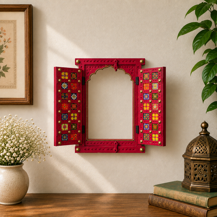 Handmade Wooden Jharokha Wall Decor, Indian Patchwork Window Art