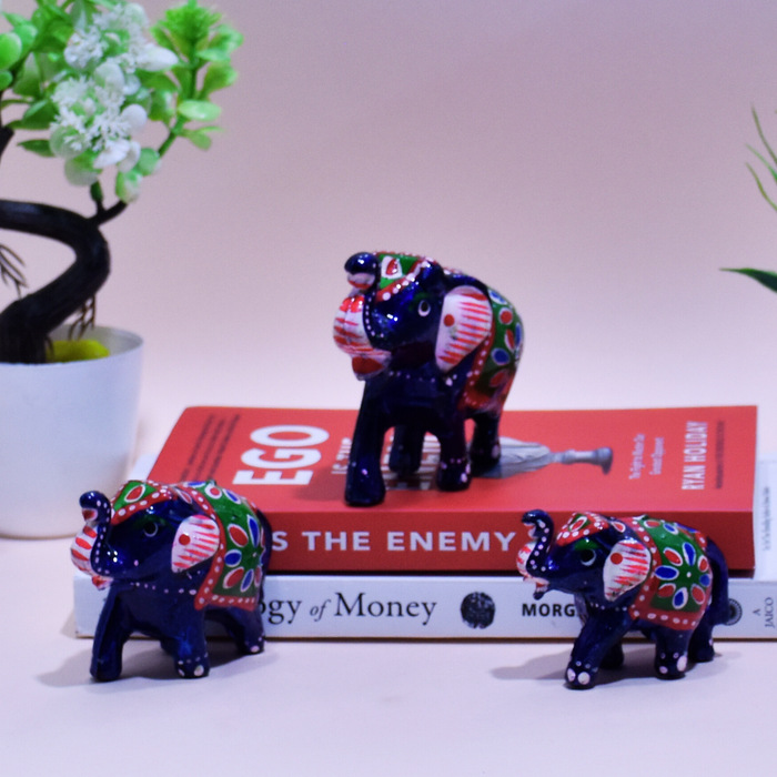 Hand-Painted Fiber Elephant Family Figurines with Floral Design