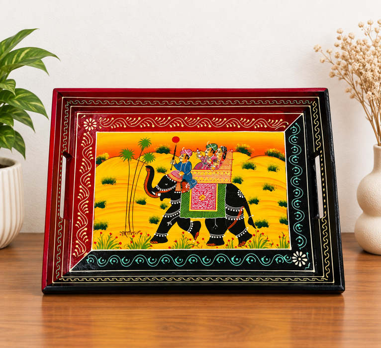 Hand-Painted Elephant Wooden Tray Set of 3, Traditional Indian Decorative Serving Trays