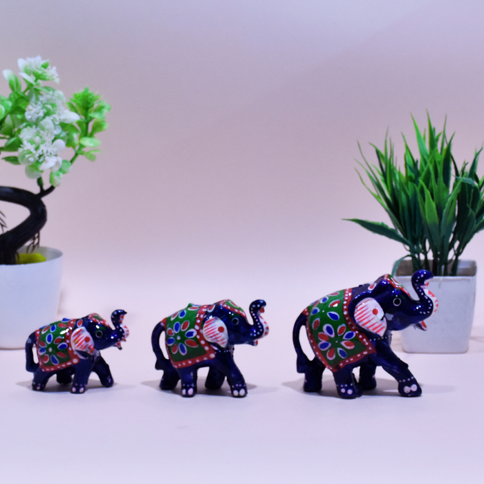 Hand-Painted Fiber Elephant Family Figurines with Floral Design