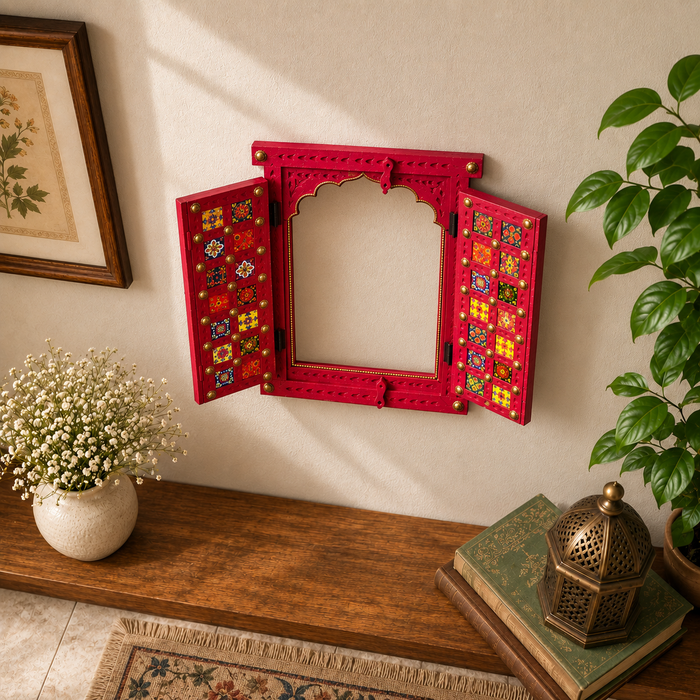 Handmade Wooden Jharokha Wall Decor, Indian Patchwork Window Art