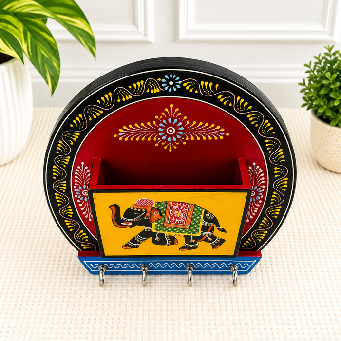 Handcrafted Wooden Elephant Key Holder, Hand Painted Indian Wall Decor