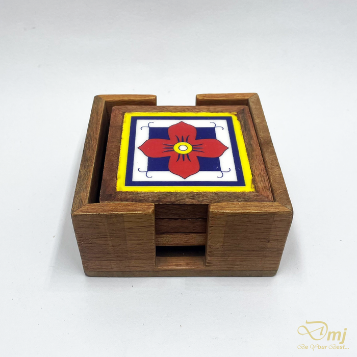 Handmade Multicolor Ceramic Tiles Wooden Tea Coasters for Gifting