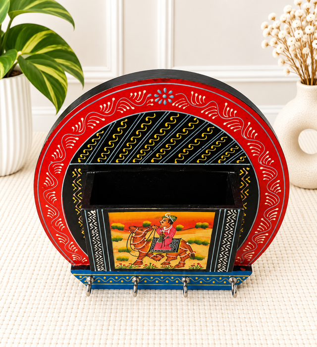 Handcrafted Wooden Rajasthani Key Holder, Hand Painted Indian Wall Decor