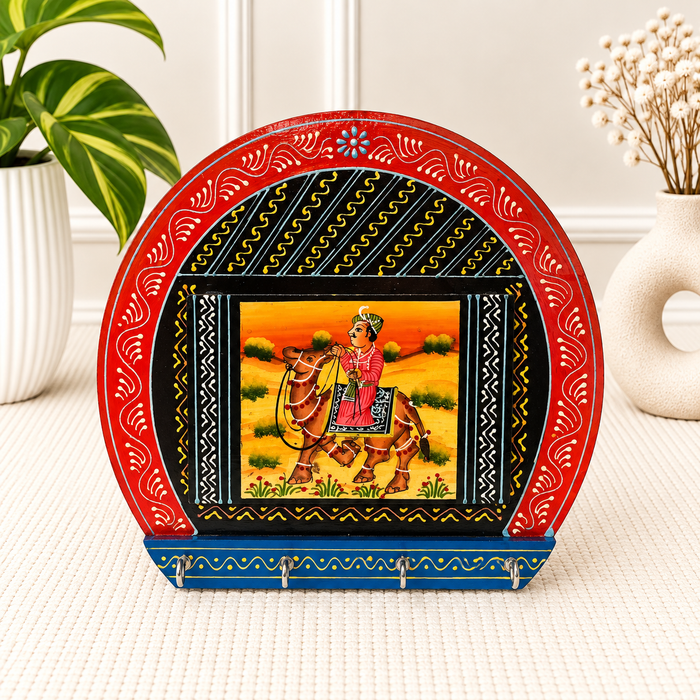 Handcrafted Wooden Rajasthani Key Holder, Hand Painted Indian Wall Decor