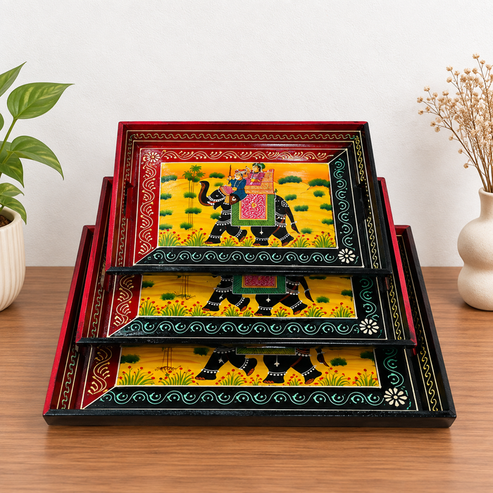 Hand-Painted Elephant Wooden Tray Set of 3, Traditional Indian Decorative Serving Trays