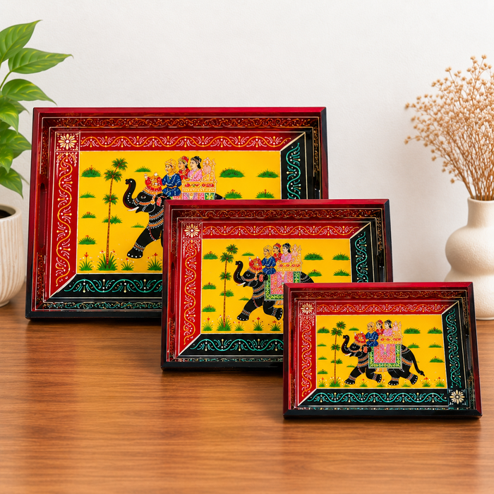 Hand-Painted Elephant Wooden Tray Set of 3, Traditional Indian Decorative Serving Trays