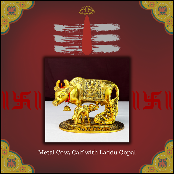 kamdhenu Cow, Calf & Laddu Gopal Statue Standing On Metal Base