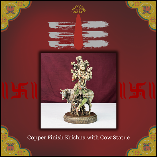 Copper Finish Lord Krishna Playing Flute with Cow Sculpture