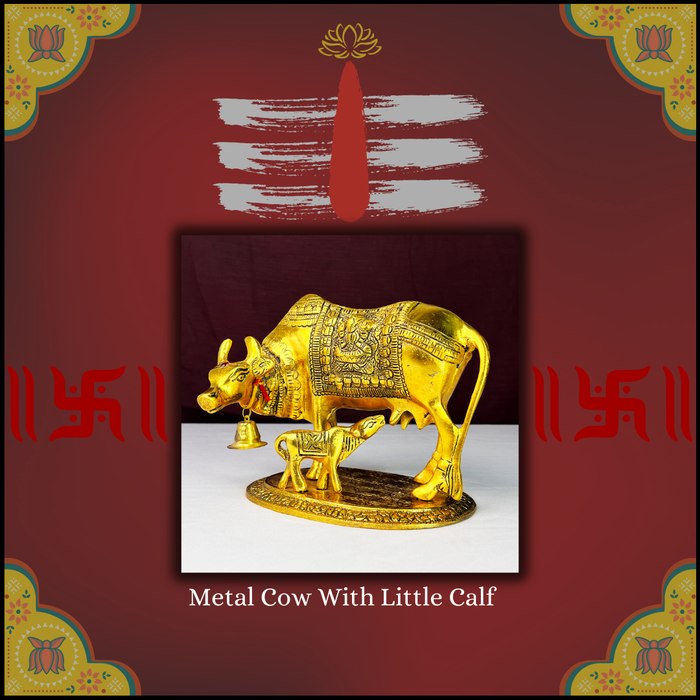 Metal Kamdhenu Cow and Calf with Goddess Laxmi Sculpture