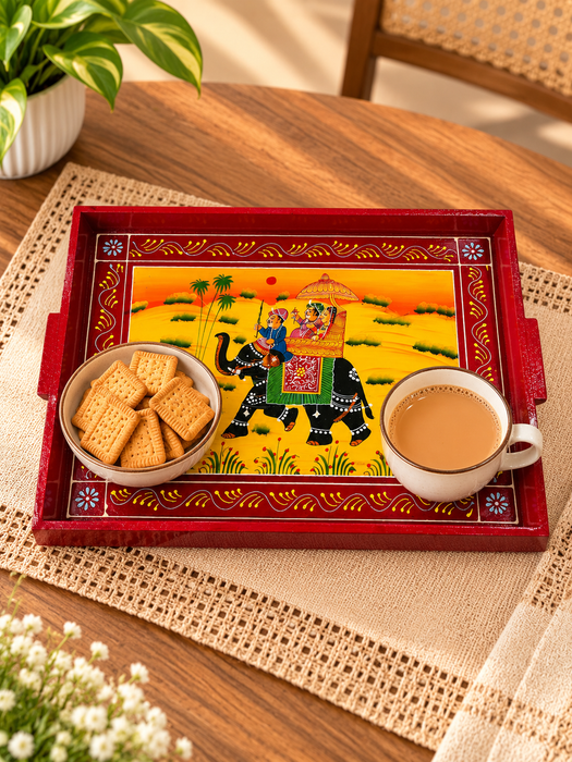 Hand-Painted Elephant Wooden Serving Tray, Traditional Indian Rajasthani Art Decorative Tray