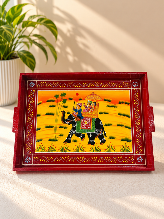 Hand-Painted Elephant Wooden Serving Tray, Traditional Indian Rajasthani Art Decorative Tray