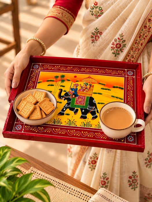 Hand-Painted Elephant Wooden Serving Tray, Traditional Indian Rajasthani Art Decorative Tray