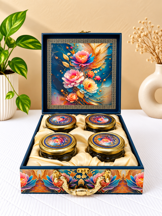 Blue Floral Dry Fruit Box with 4 Glass Jars, Elegant Decorative Gift Hamper