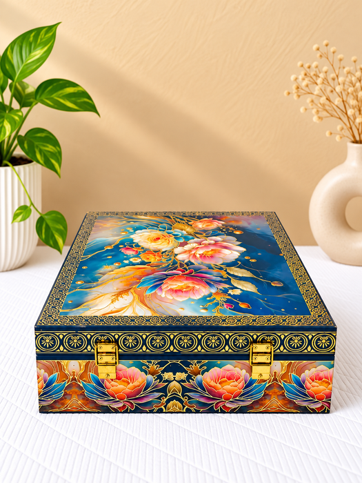 Blue Floral Dry Fruit Box with 4 Glass Jars, Elegant Decorative Gift Hamper