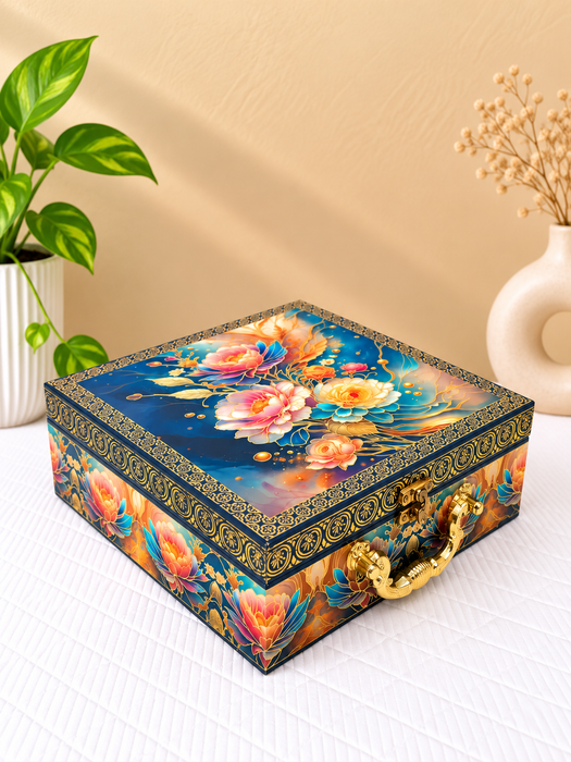 Blue Floral Dry Fruit Box with 4 Glass Jars, Elegant Decorative Gift Hamper