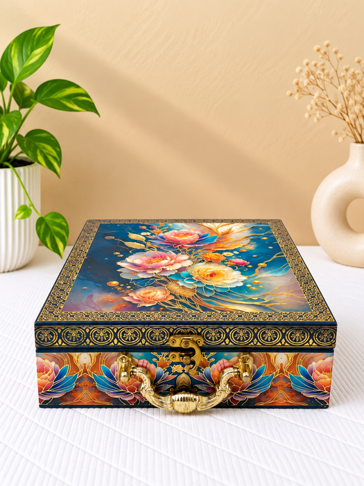 Blue Floral Dry Fruit Box with 4 Glass Jars, Elegant Decorative Gift Hamper