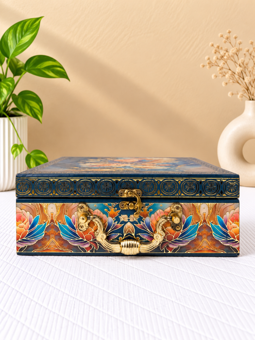 Blue Floral Dry Fruit Box with 4 Glass Jars, Elegant Decorative Gift Hamper