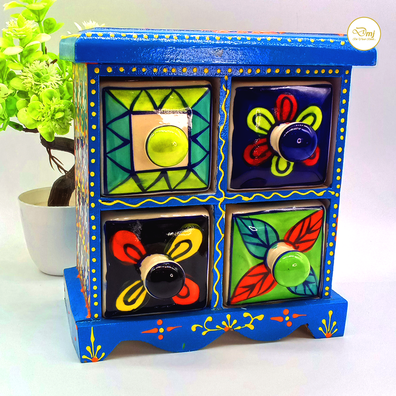 Handcrafted Blue Color Wooden Ceramic Drawer Storage Box