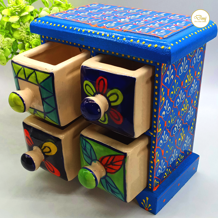 Handcrafted Blue Color Wooden Ceramic Drawer Storage Box
