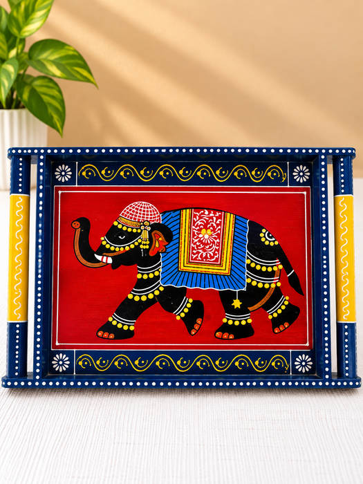 Blue Wooden Serving Tray with Hand-Painted Elephant Design, Traditional Indian Decorative Tray