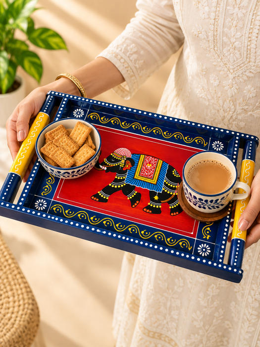 Blue Wooden Serving Tray with Hand-Painted Elephant Design, Traditional Indian Decorative Tray